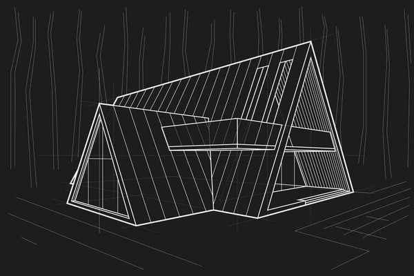 Лінійний Архітектурний Ескіз Житлової Будівлі Трикутний Лісовий Котедж Чорному Тлі Векторна Графіка