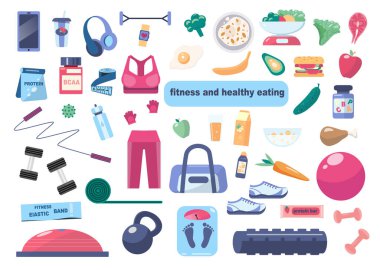 Sağlıklı bir yaşam tarzının tanıtımı için vektör seti sağlığınızı korur. Spor kıyafetleri, aksesuarlar, spor malzemeleri, spor malzemeleri. Beyaz bir arkaplanda izole edilmiş.