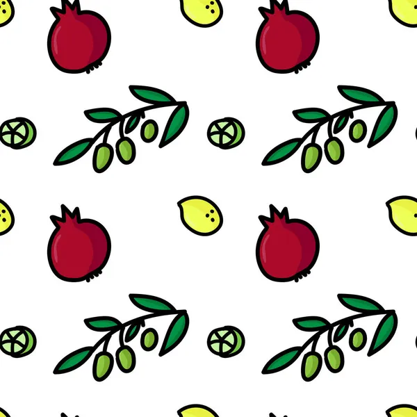 Seamless pattern with hand drawn pomegranade, olive branch, green lime and yellow limon. — Stock Vector