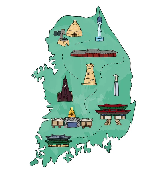 Corée du Sud schéma carte illustrée doodle. célèbres monuments, symboles et bâtiments coréens. — Image vectorielle