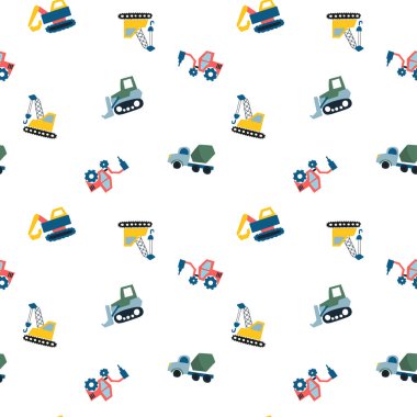 Elle çizilmiş kusursuz desenli şirin arabalar. Kamyon, traktör, yük vinci, buldozer, kazıcı.