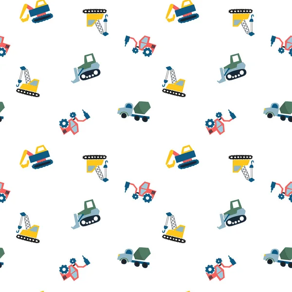 Modèle sans couture avec des voitures mignonnes dessinées à la main Camion, tracteur, grue cargo, bulldozer, pelle Vecteurs De Stock Libres De Droits