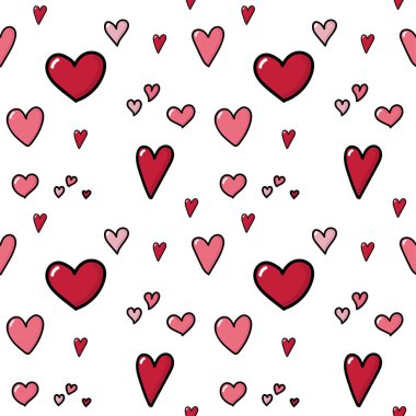 seamless pattern Valentines day in hand drawn doodle style. romantic pattern with pink and red hearts with black stroke.
