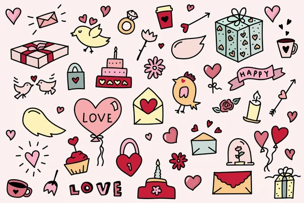 Set de garabatos dibujados a mano para el día de San Valentín. Corazón, paloma, muchos símbolos de amor en tonos rosados. — Vector de stock
