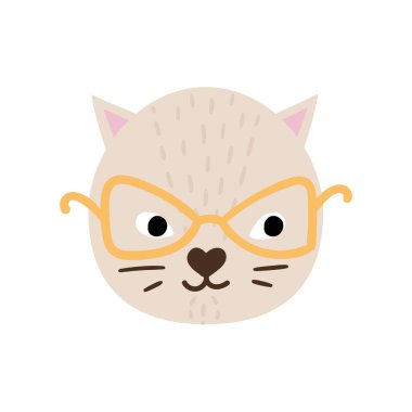 Güneş gözlüklü sevimli bir el çizimi kedi. Renkli hayvanın yüzü