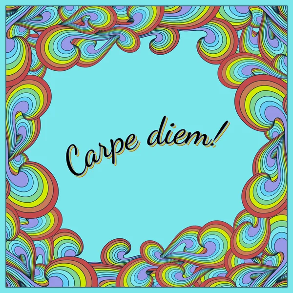 Positieve briefkaart met carpe diem en regenboog spiraal frame — Stockvector