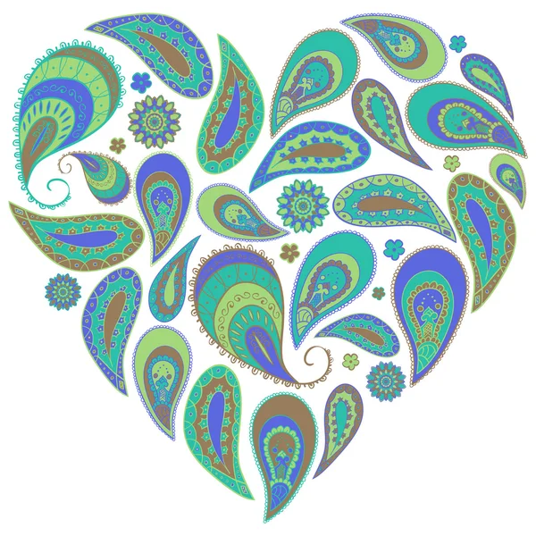 Coeur Paisley aux couleurs turquoise et aqua — Image vectorielle