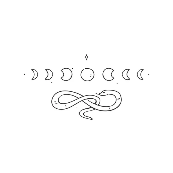 Hand Drawn Minimalist Line Art Lunar Cycle Mystical Snake Black — Stock Vector