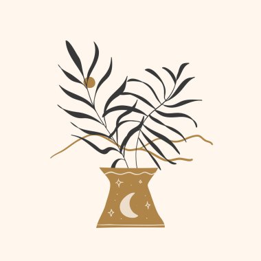 Vazodaki soyut tropik yapraklar. Renk arkaplanındaki modada bohem tarzında vektör illüstrasyonu. Göksel tasarım elementi. Modern düz tasarım. Boho yazdırma kavramı.