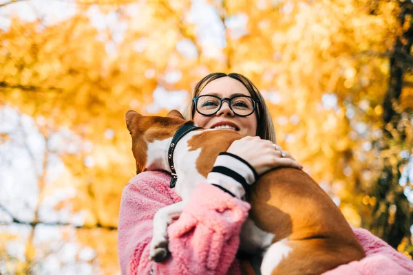 Portrait Young Cheerful Caucasian Woman Her Dog Autumn Park — Stock Photo, Image