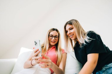 Eğlenen arkadaşlar, kanepede oturup akıllı telefon ekranına bakan iki neşeli kadın internete takılıyor..