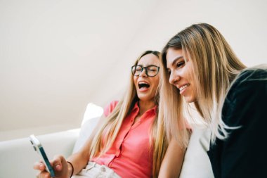 Eğlenen arkadaşlar, kanepede oturup akıllı telefon ekranına bakan iki neşeli kadın internete takılıyor..