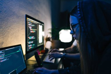 Mobil geliştiriciler bir bilgisayara program kodu yazar, programcılar ev ofisinde çalışır..