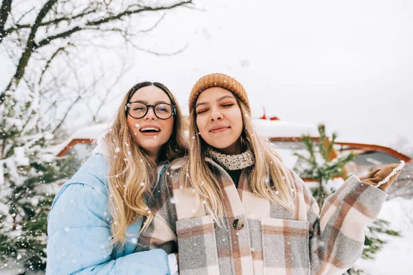 在冬日的大雪中 两个快乐的女性朋友站在面包车旁的画像 — 图库照片
