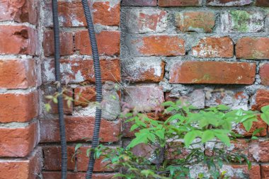 Ön cephe tuğlaları ve çimentodan yapılmış eski bir duvarın kabartmalı yüzeyi.