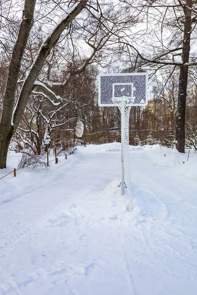 Basketball Basket Backboard Stylized Modern Code Photographed Daytime Winter Snow — Stock Photo, Image