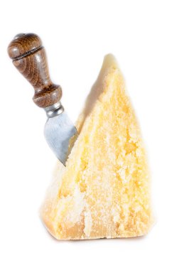 Italian cow cheese slice isolated on white and a knife clipart
