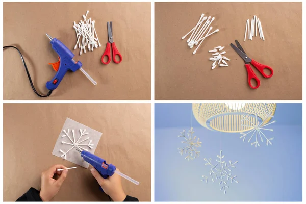 Cotton swab snowflake craft for kids, Christmas activity for preschooler, — Stock Photo, Image