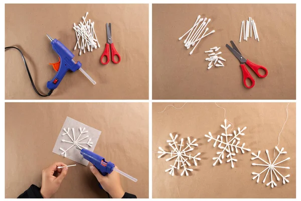 Cotton swab snowflake craft for kids, Christmas activity for preschooler, — Stock Photo, Image