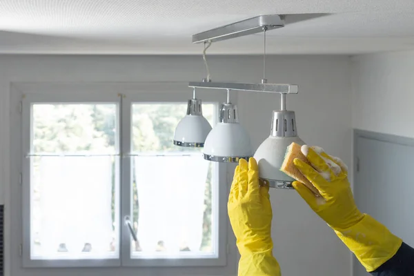 Hands Yellow Gloves Wash Lamps Kitchen Стоковая Картинка