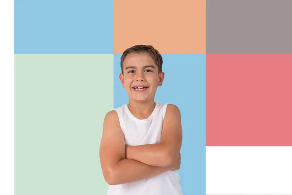 Years Old White Caucasian Boy White Shirt Posing Colorful Background — Zdjęcie stockowe