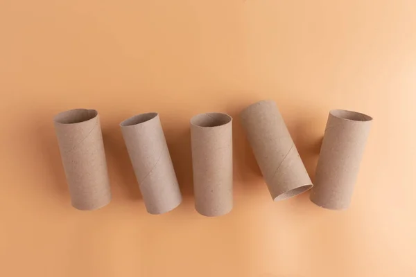 cardboard tubes on orange background. use of toilet paper rolls for creative crafts and design