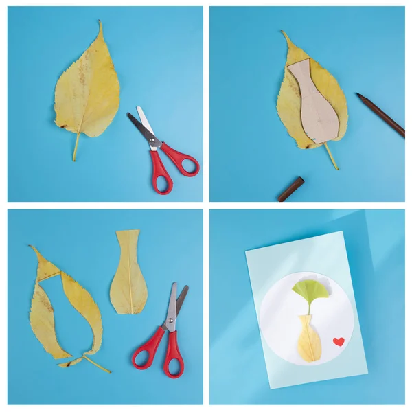 DIY autumn nature or paper craft for kids, how to make a card foliage, homemade handicraft from recycled materials, tutorial, dry leaves craft concept