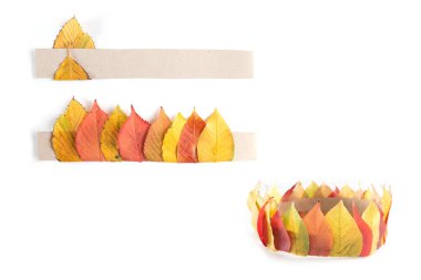 Güz yaprakları taç işçiliği, DIY, adım adım eğitim, çocuklar için doğa sanat projesi