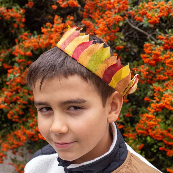 Восьмилетний Мальчик Осенние Листья Парке Школьное Ремесло — стоковое фото