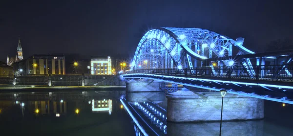 Pilsudski Bridge Krakow Technology Trail Krakow Νύχτα Vistula Ποταμού Αντανάκλαση — Φωτογραφία Αρχείου