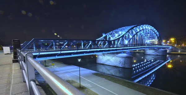 Pilsudski Bridge Krakow Technology Trail Krakow Νύχτα Vistula Ποταμού Αντανάκλαση — Φωτογραφία Αρχείου