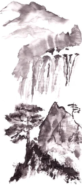 Bergslandskap med vattenfall och tallar i kinesisk stil bläck ritning Stockbild