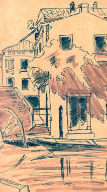 Venedik Kanalı evleri, köprü çizimi. Yüksek kaliteli illüstrasyon