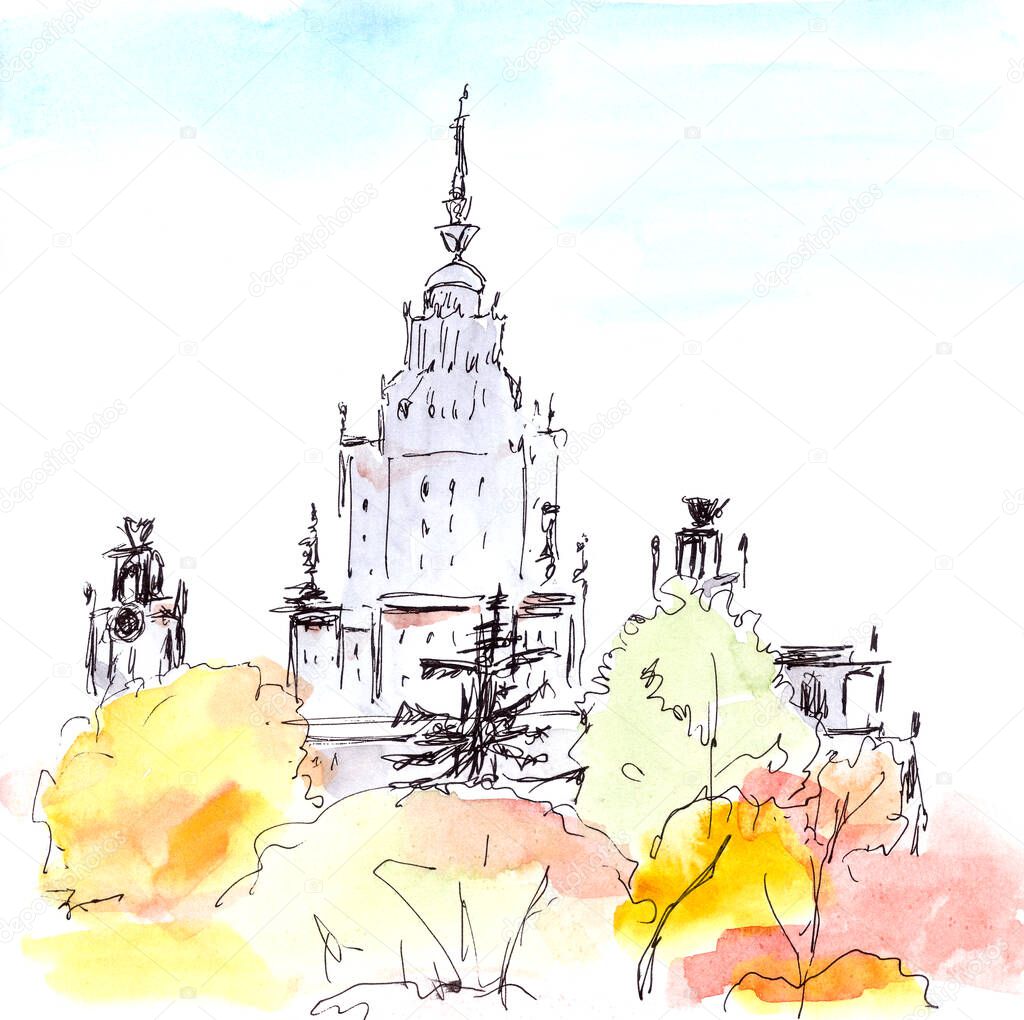 Autumn at Moscow State University, city sketch. High quality illustration