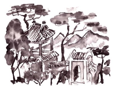 Dağlardaki Budist manastırı Çin tarzında mürekkep çiziyor. Yüksek kaliteli illüstrasyon