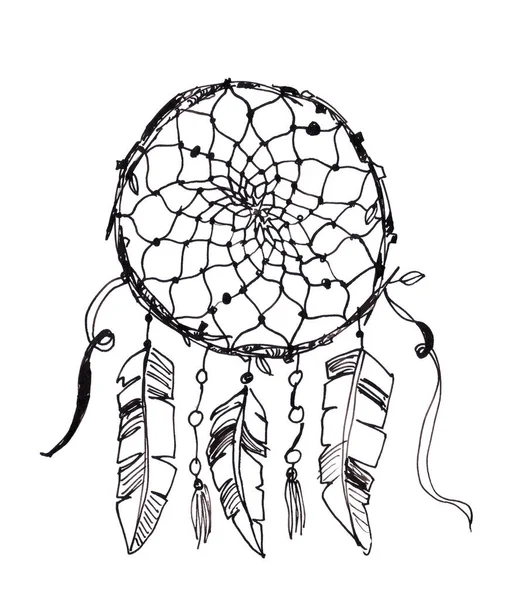 Dreamcatcher Gráfico Esboço Preto Branco Sobre Fundo Branco Ilustração Alta — Fotografia de Stock