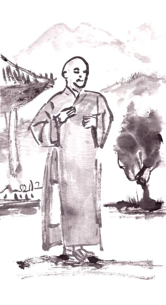 Βουδιστής Μοναχός Ένα Μελάνι Μοναστήρι Σχέδιο Κινέζικο Στυλ Εικόνα Υψηλής — Φωτογραφία Αρχείου