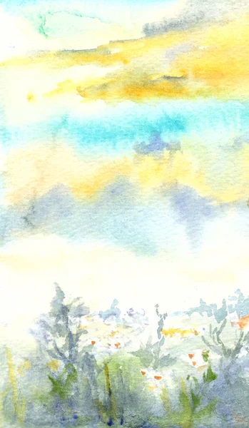 Sis Bulutlar Papatyalar Çimlerle Suluboya Sabah Manzarası Yüksek Kaliteli Illüstrasyon — Stok fotoğraf
