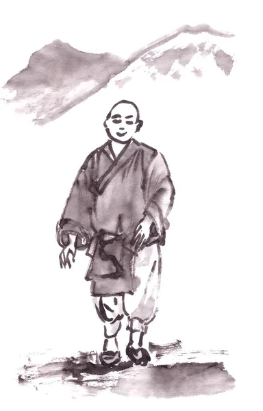 Buddhistischer Mönch Einem Kloster Tuschezeichnung Chinesischen Stil Hochwertige Illustration lizenzfreie Stockbilder