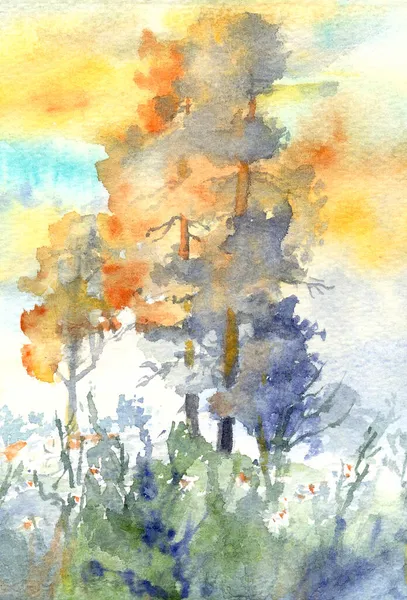 Акварельний Пейзаж Осінніми Деревами Заході Сонця Високоякісна Ілюстрація — стокове фото