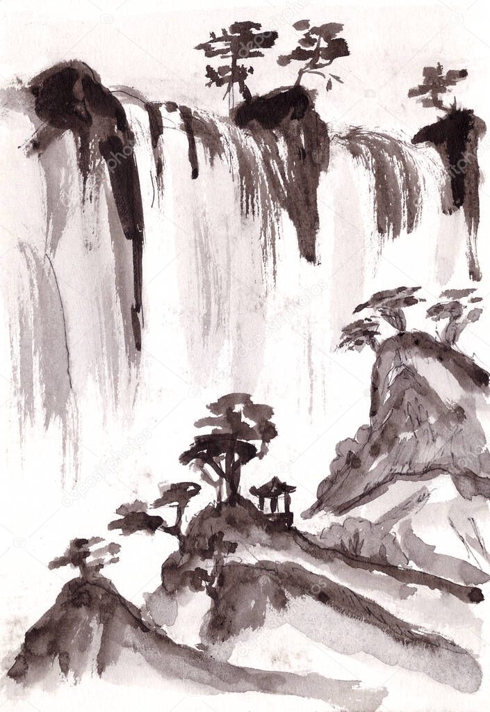 Mountain landscape with waterfall and pine trees in chinese style ink drawing. High quality illustration