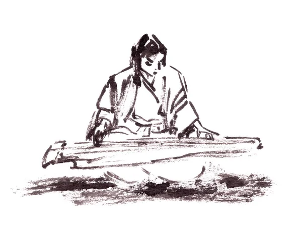 Чінезе Дівочий Музикант Китайському Костюмі Грає Гуцин Малюючи Чорнилом Китайському — стокове фото