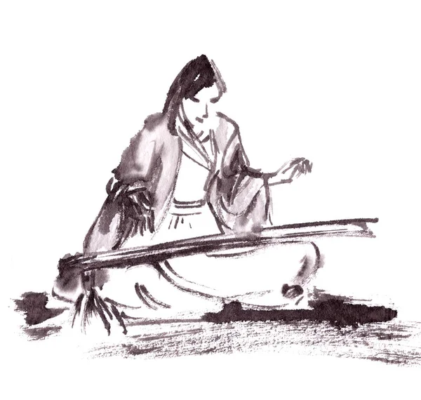 Chinese Girl Musician Chinese Costume Playing Guqin Ink Drawing Chinese — Stock Photo, Image