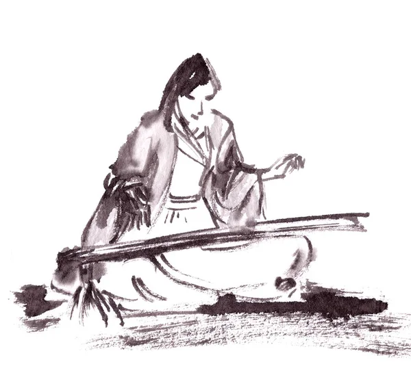 Китайская Девушка Музыкант Китайском Костюме Играет Гуцин Чернильный Рисунок Китайском Стоковое Изображение