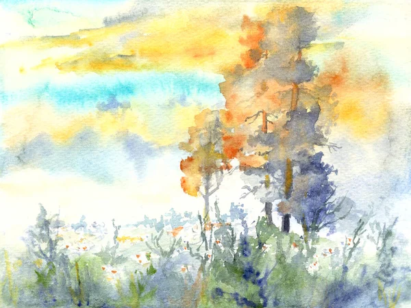 Akvarel Krajina Podzimními Stromy Při Západu Slunce Vysoce Kvalitní Ilustrace — Stock fotografie