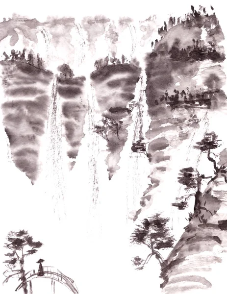 Paysage Montagneux Avec Cascade Pins Dessin Encre Style Chinois Illustration — Photo