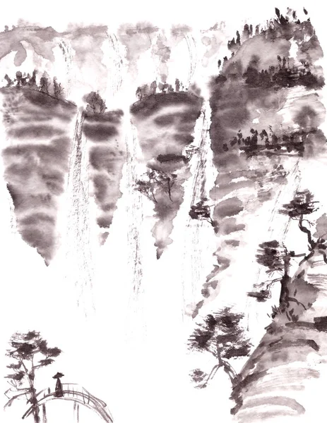 Berglandschaft Mit Wasserfall Und Kiefern Tuschezeichnung Chinesischen Stil Hochwertige Illustration lizenzfreie Stockfotos