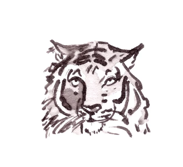 Tigre Cabeça Tinta Preta Branca Desenho Oriental Horóscopo Ilustração Alta — Fotografia de Stock