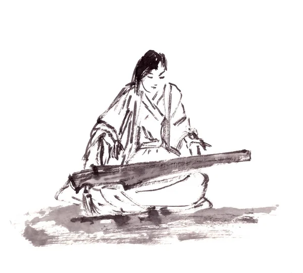 Китайская девушка-музыкант в китайском костюме играет гуцинь, чернильный рисунок в китайском стиле Лицензионные Стоковые Фото