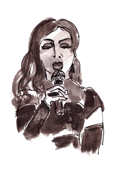 Donna cantante con inchiostro del microfono disegno su sfondo bianco — Foto Stock
